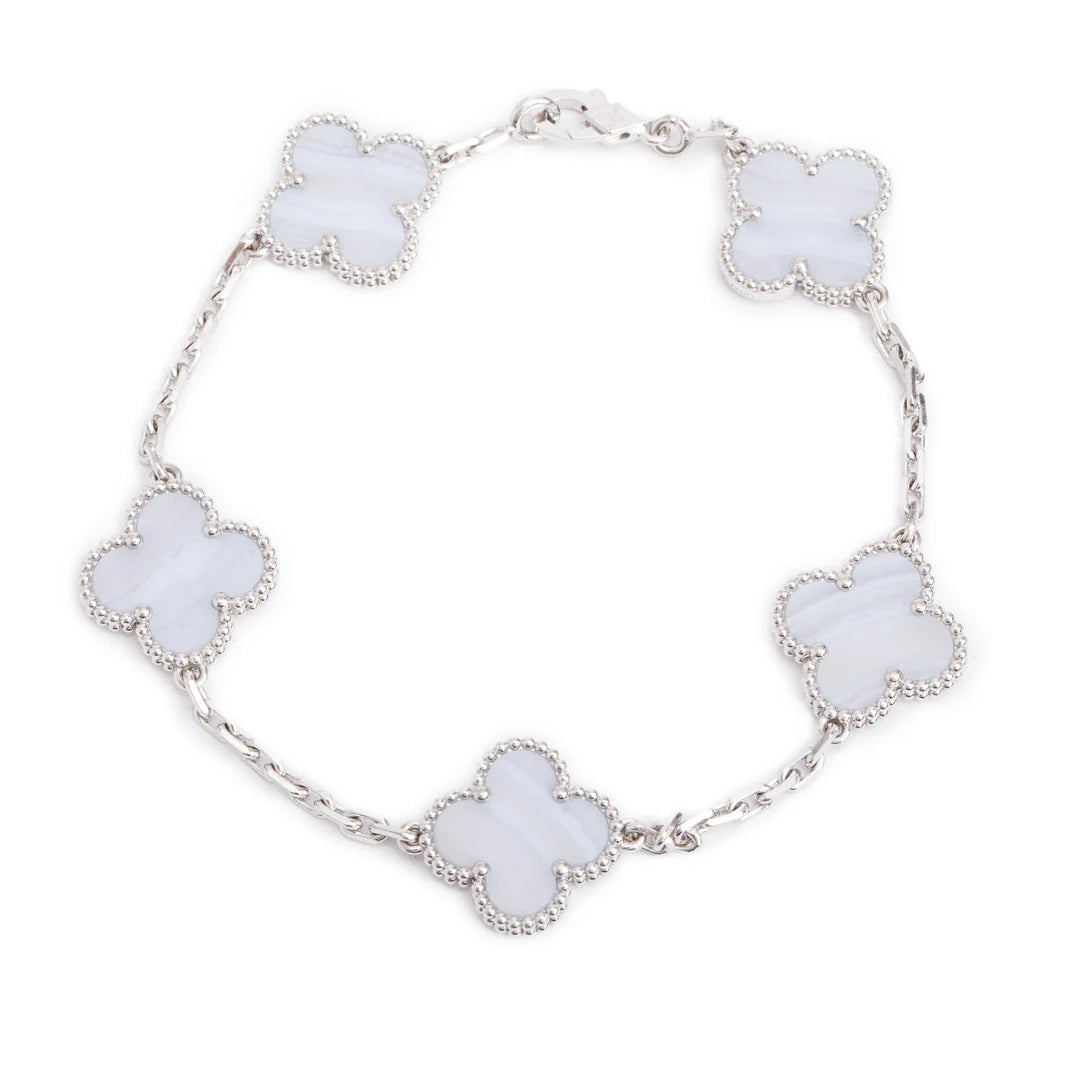 2023 18k White Gold Vintage Alhambra 5 Motif Chalcedony Bracelet w/ Pouch &amp; Receipt