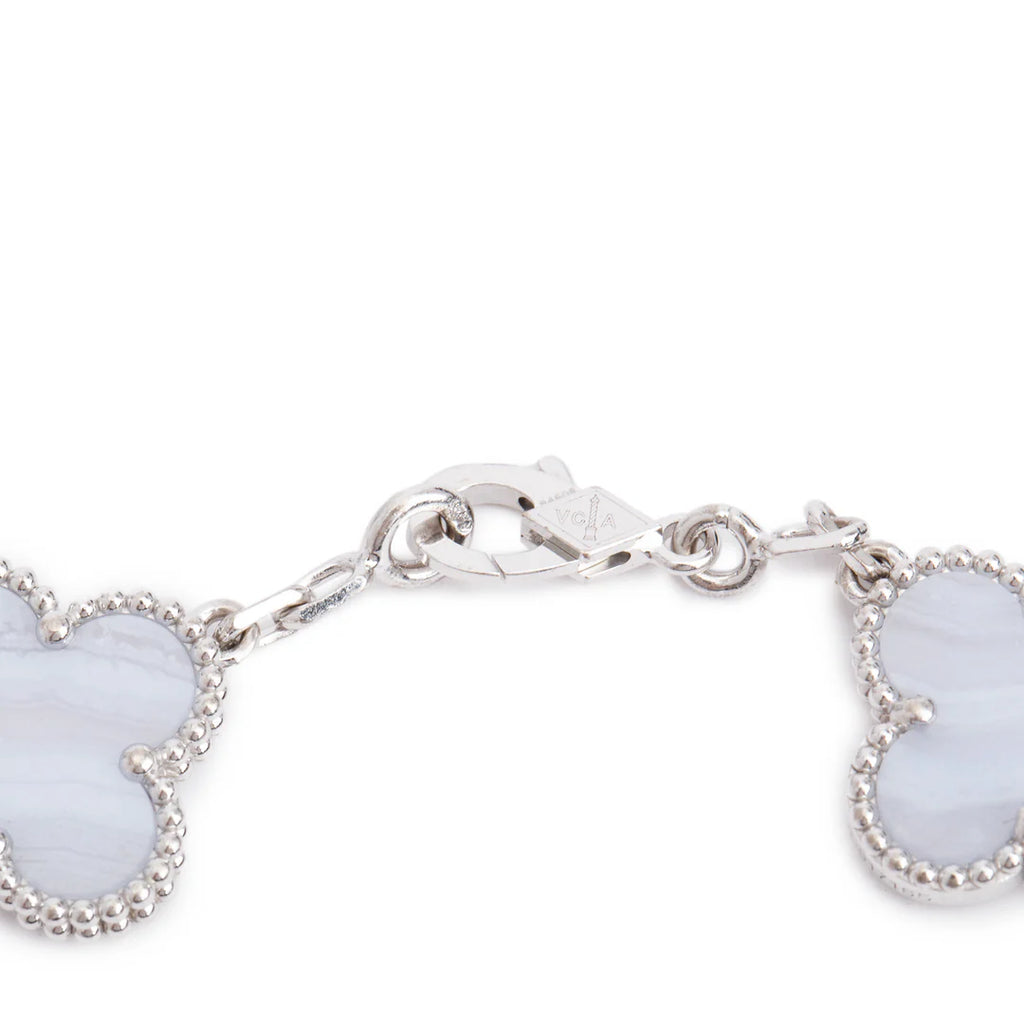 2023 18k White Gold Vintage Alhambra 5 Motif Chalcedony Bracelet w/ Pouch &amp; Receipt