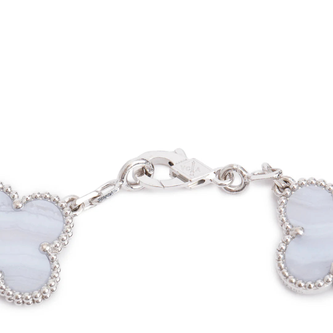 2023 18k White Gold Vintage Alhambra 5 Motif Chalcedony Bracelet w/ Pouch &amp; Receipt