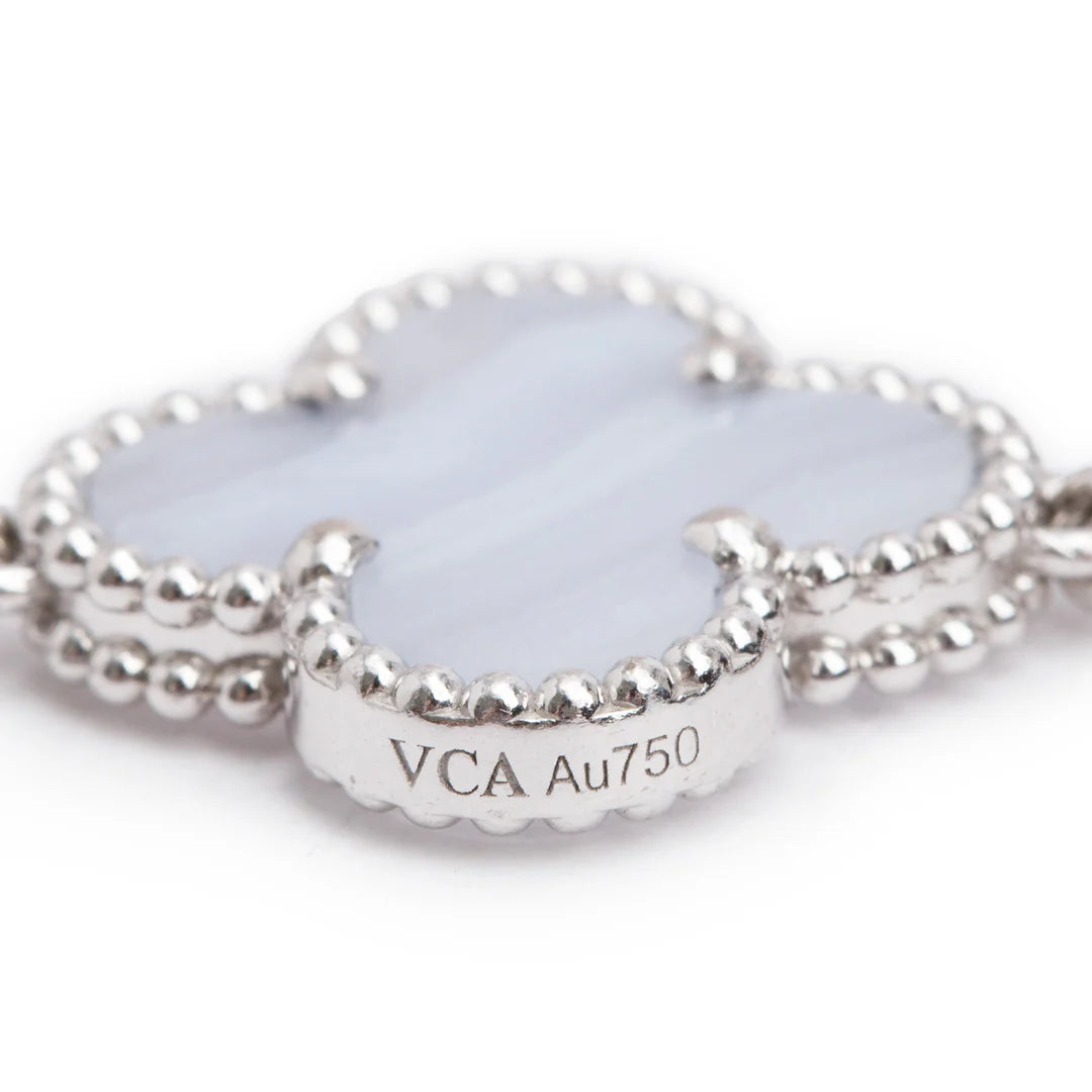 2023 18k White Gold Vintage Alhambra 5 Motif Chalcedony Bracelet w/ Pouch &amp; Receipt