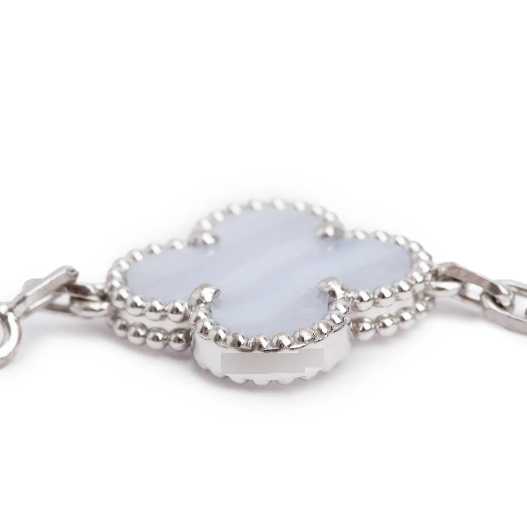 2023 18k White Gold Vintage Alhambra 5 Motif Chalcedony Bracelet w/ Pouch &amp; Receipt