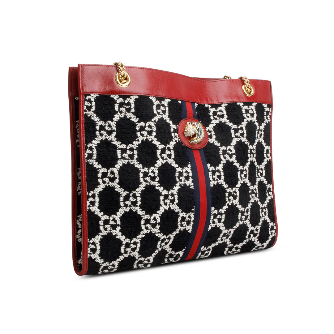 Black Tweed GG Monogram Large Rajah Chain Tote w/ Pouch