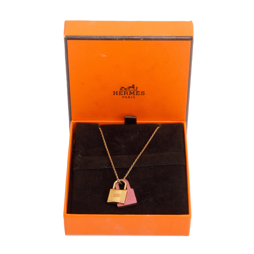 Gold-Plated Pink Swift Leather O'Kelly Pendant Necklace w/ Box