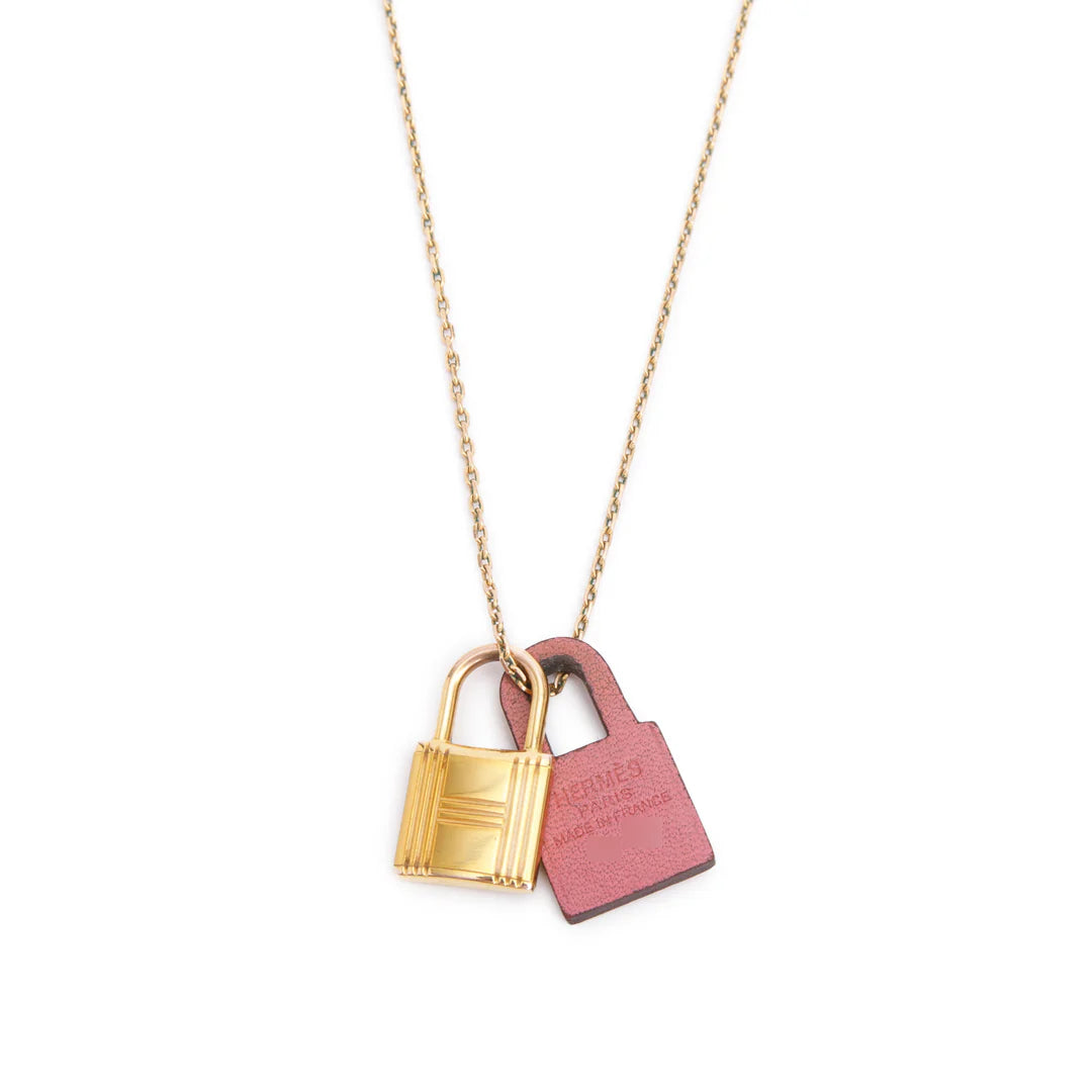 Gold-Plated Pink Swift Leather O'Kelly Pendant Necklace w/ Box