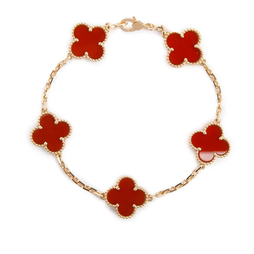 2025 18k Yellow Gold Vintage Alhambra 5 Motif Carnelian Bracelet w/ Pouch &amp; Certificate