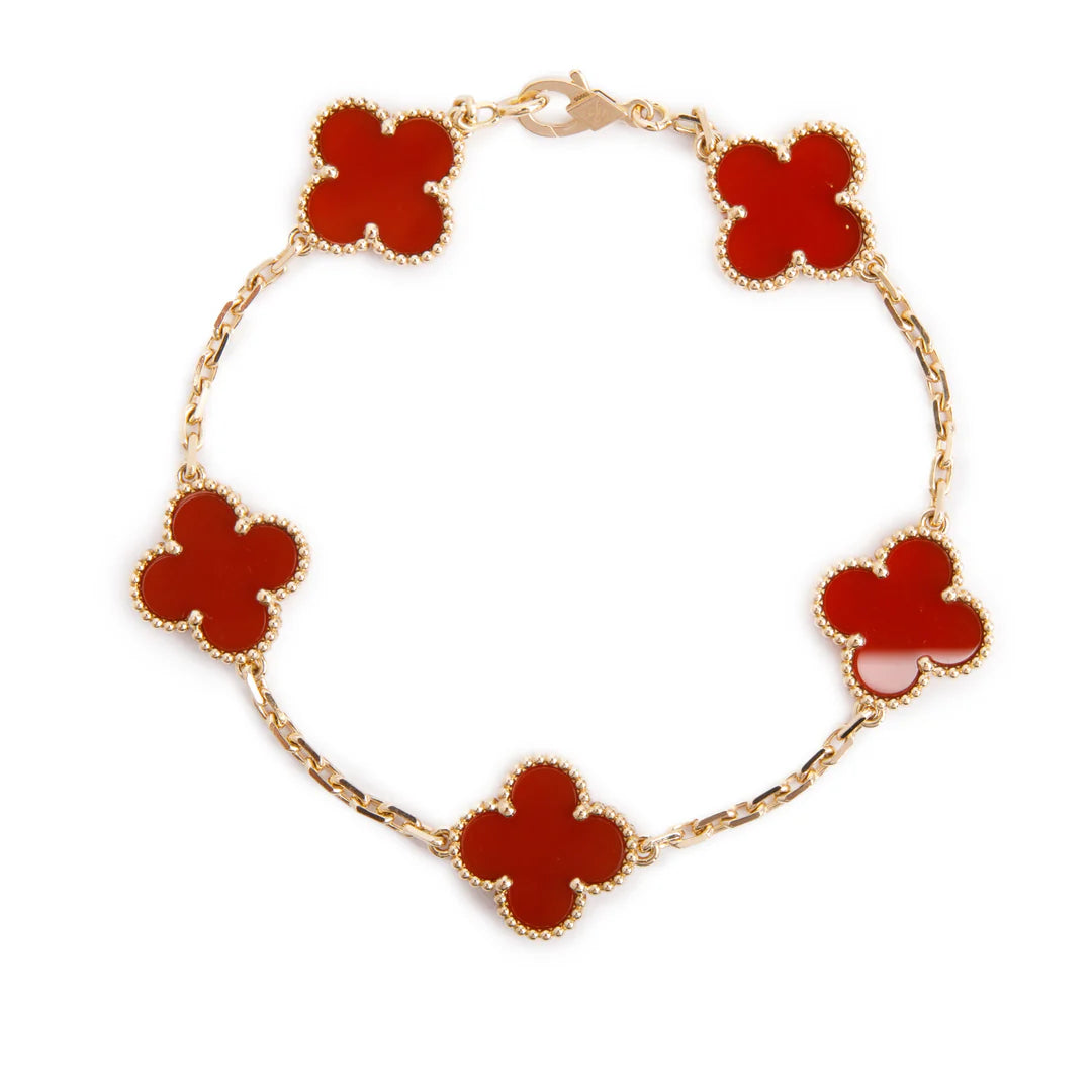 2025 18k Yellow Gold Vintage Alhambra 5 Motif Carnelian Bracelet w/ Pouch &amp; Certificate