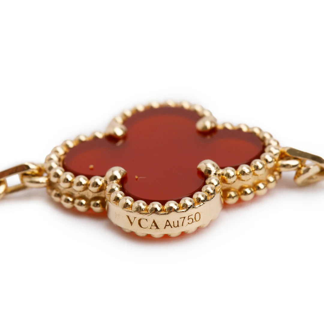 2025 18k Yellow Gold Vintage Alhambra 5 Motif Carnelian Bracelet w/ Pouch &amp; Certificate