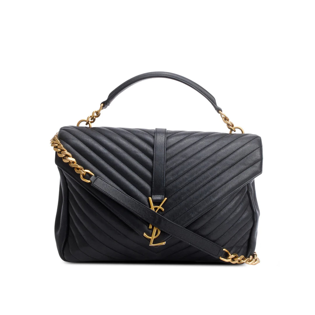 Black Leather Large Chevron College Bag w/ Strap