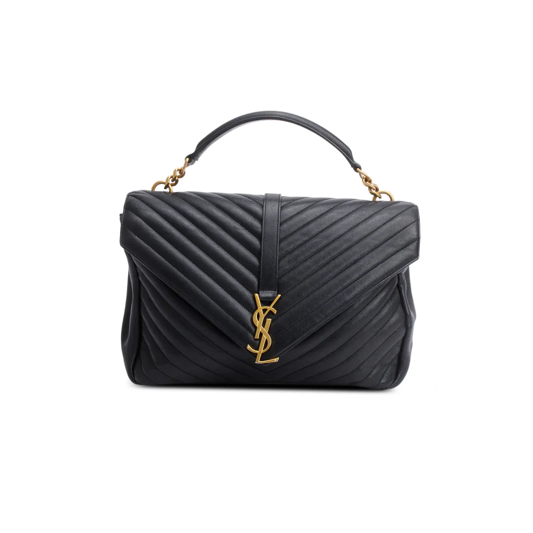 Black Leather Large Chevron College Bag w/ Strap