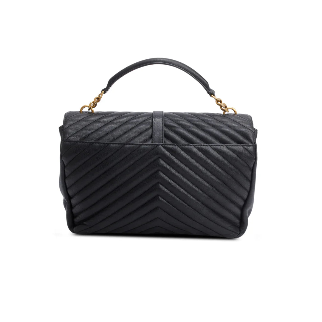 Black Leather Large Chevron College Bag w/ Strap