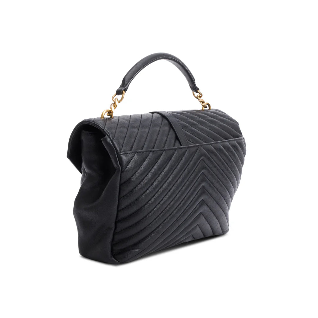 Black Leather Large Chevron College Bag w/ Strap