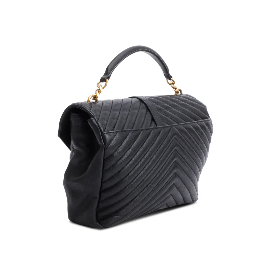 Black Leather Large Chevron College Bag w/ Strap