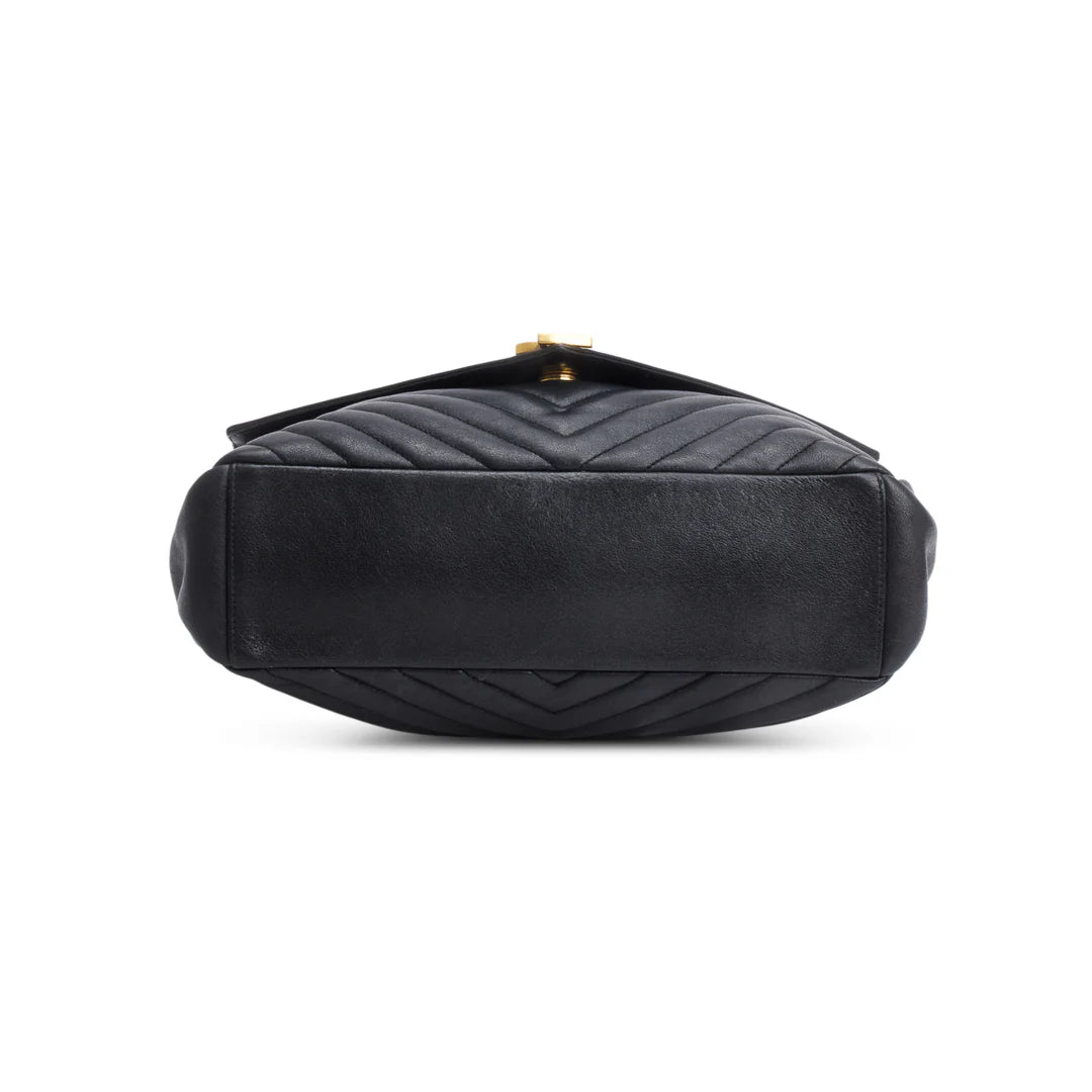 Black Leather Large Chevron College Bag w/ Strap