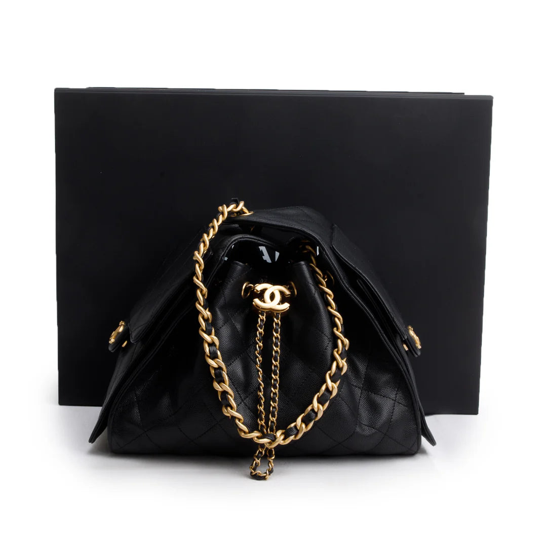 2025 Black Caviar Leather 25 Small Bucket Bag w/ Box