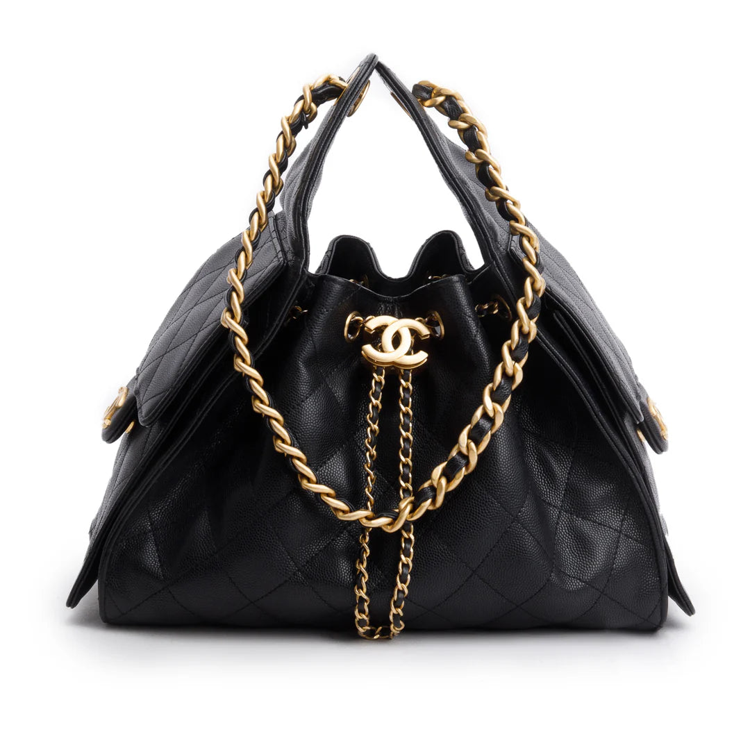 2025 Black Caviar Leather 25 Small Bucket Bag w/ Box