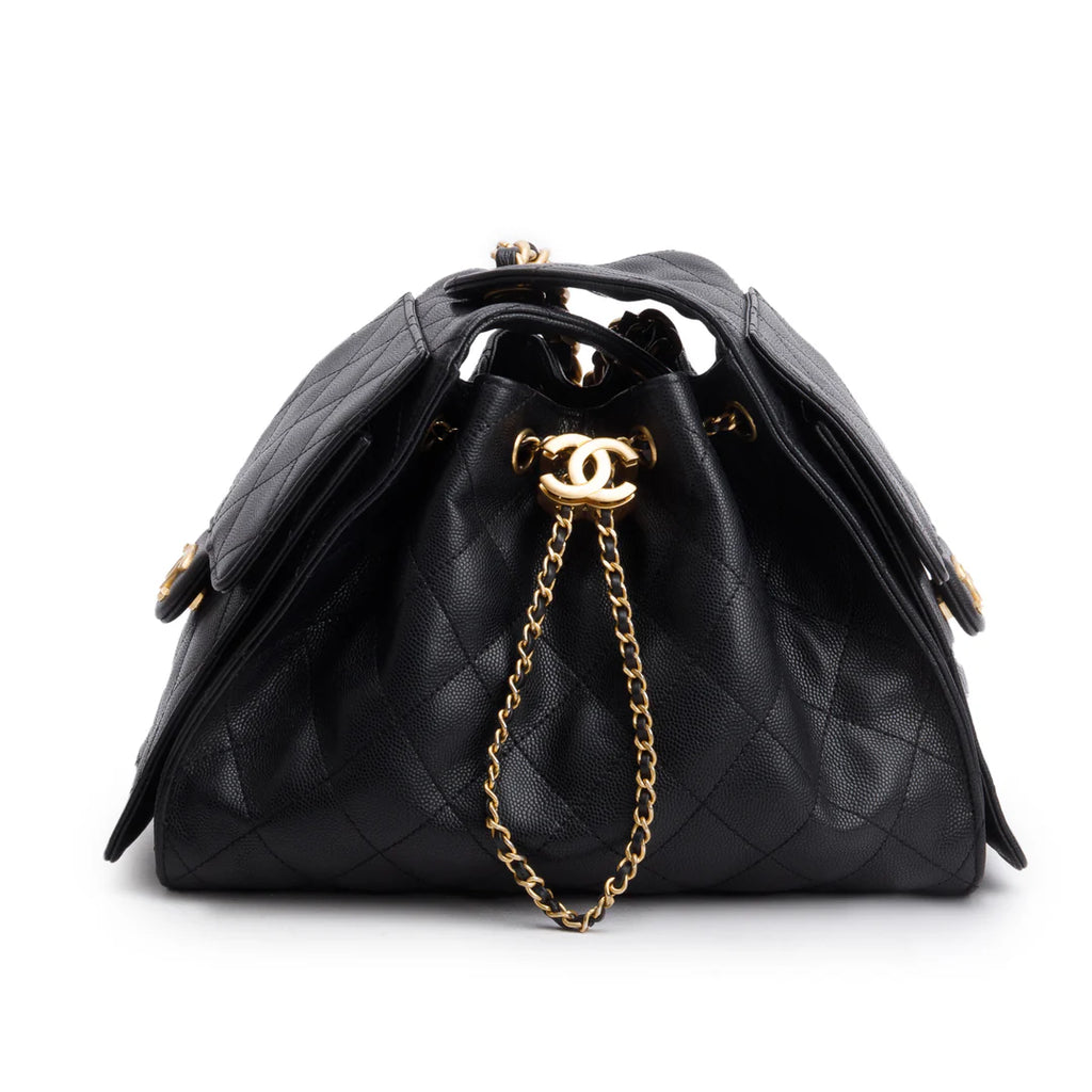 2025 Black Caviar Leather 25 Small Bucket Bag w/ Box