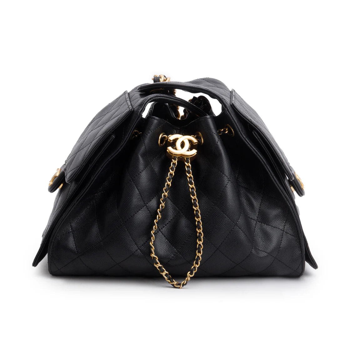 2025 Black Caviar Leather 25 Small Bucket Bag w/ Box