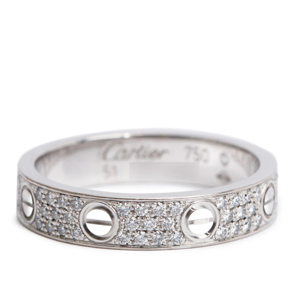 18k White Gold Paved Diamond 4 MM Love Ring, Small Model Size 51 5.75 w/ Box &amp; Certificate