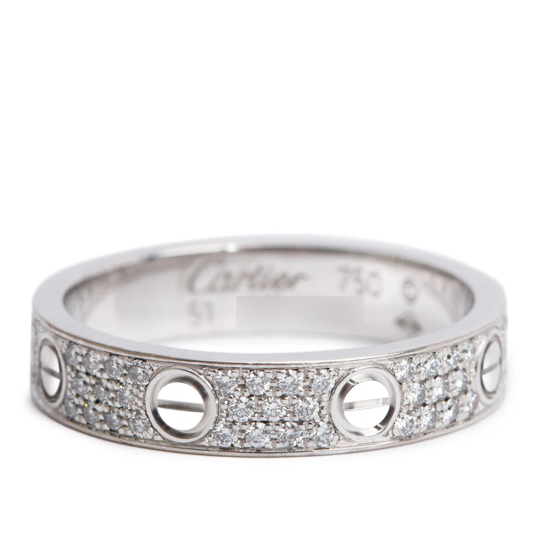 18k White Gold Paved Diamond 4 MM Love Ring, Small Model Size 51 5.75 w/ Box &amp; Certificate