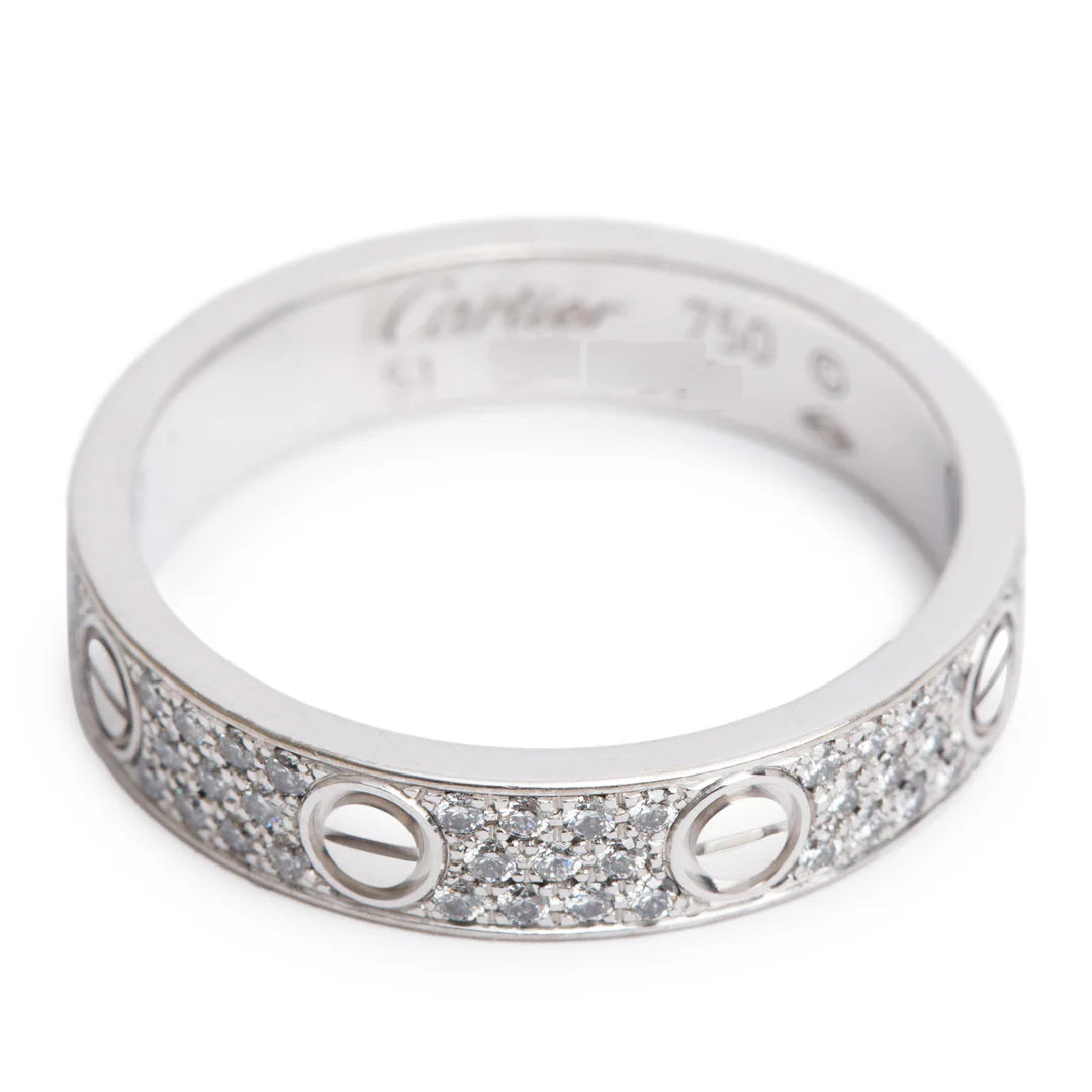 18k White Gold Paved Diamond 4 MM Love Ring, Small Model Size 51 5.75 w/ Box &amp; Certificate
