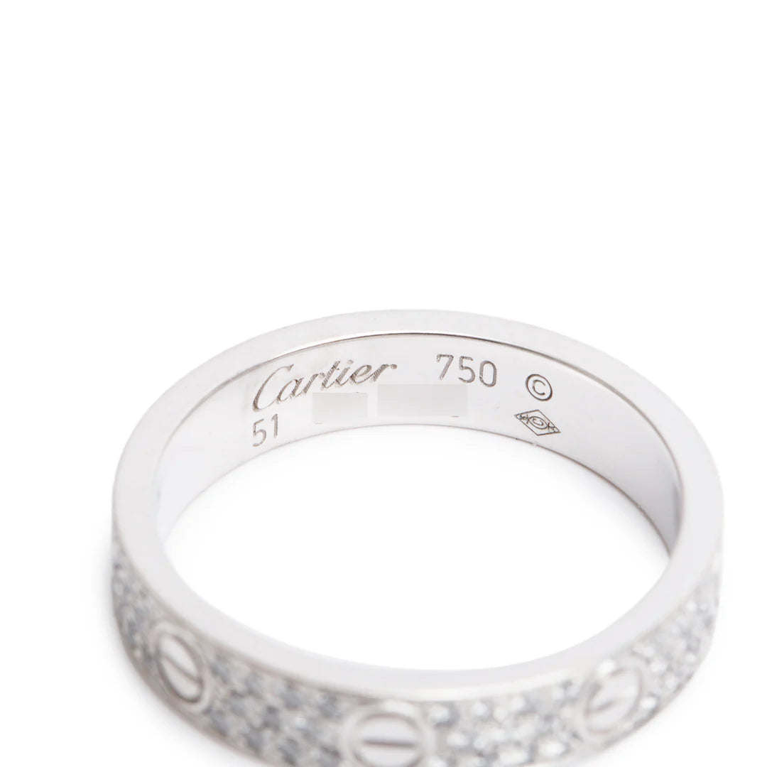 18k White Gold Paved Diamond 4 MM Love Ring, Small Model Size 51 5.75 w/ Box &amp; Certificate
