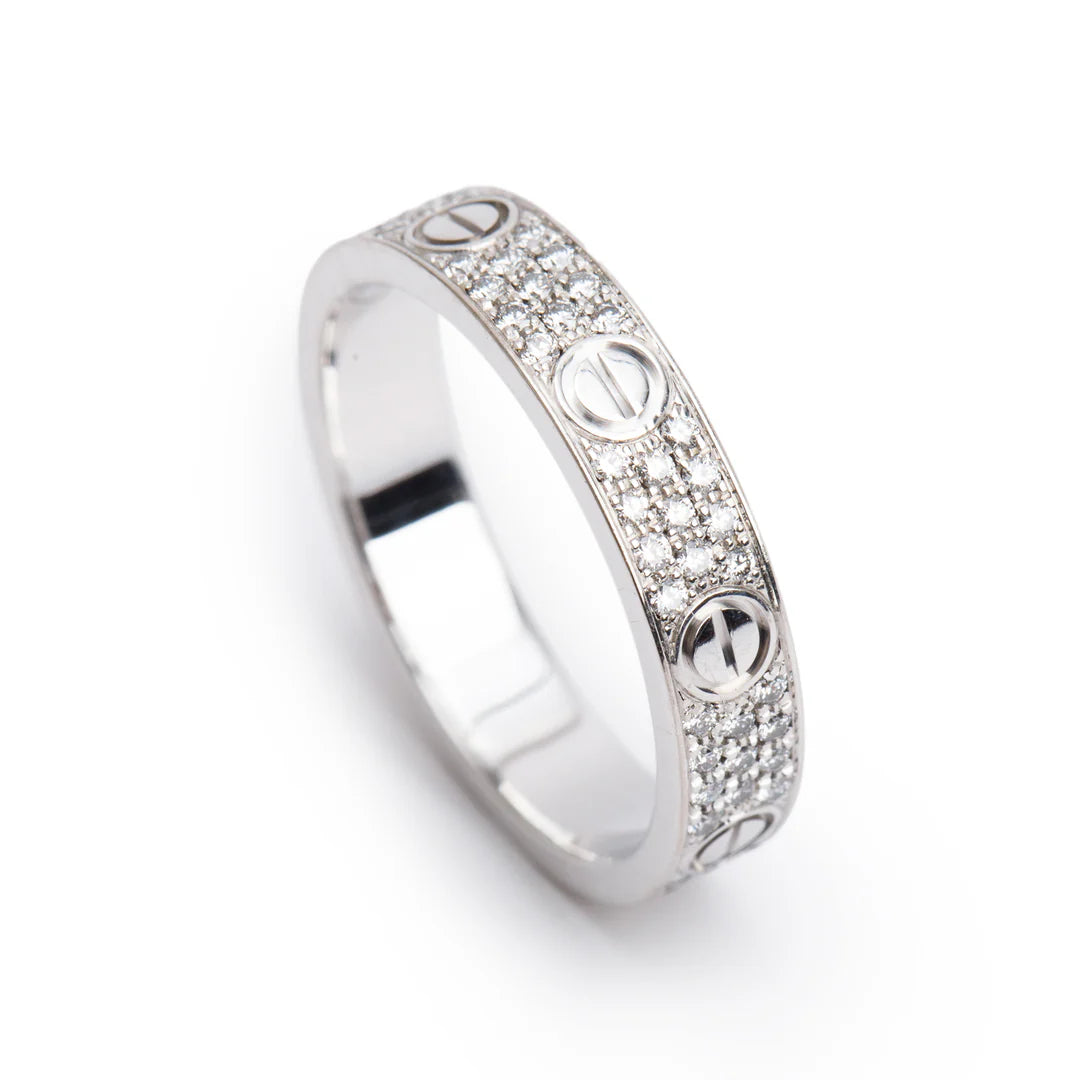 18k White Gold Paved Diamond 4 MM Love Ring, Small Model Size 51 5.75 w/ Box &amp; Certificate