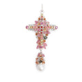 18k White Gold Colored Stone, Diamond &amp; Pearl Large Cross Pendant