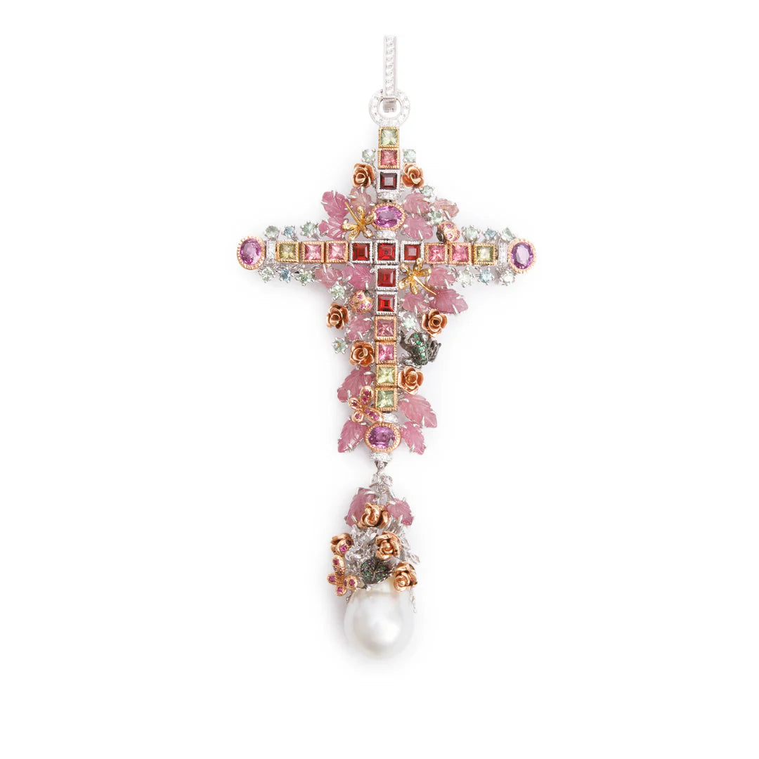 18k White Gold Colored Stone, Diamond &amp; Pearl Large Cross Pendant