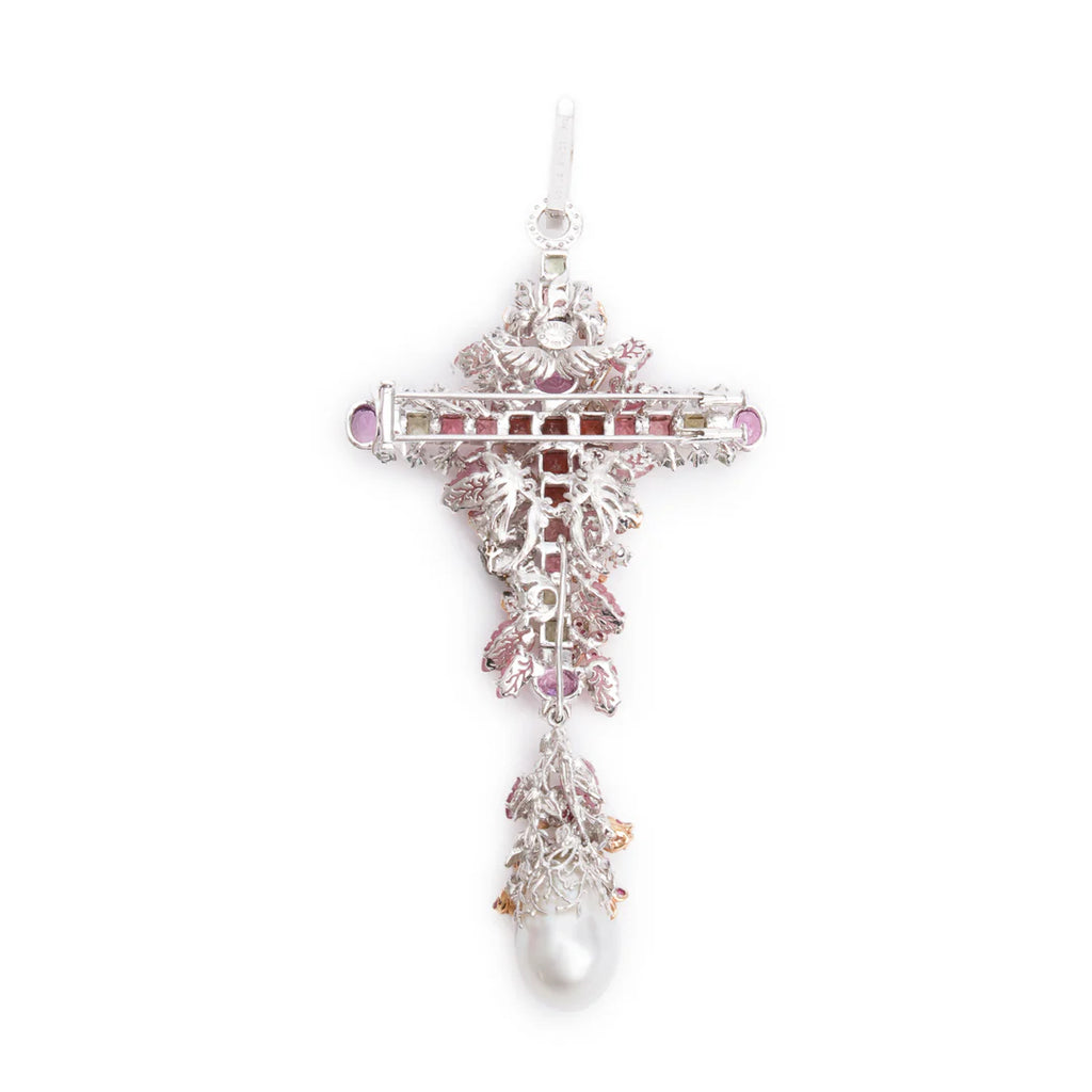 18k White Gold Colored Stone, Diamond &amp; Pearl Large Cross Pendant