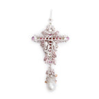18k White Gold Colored Stone, Diamond &amp; Pearl Large Cross Pendant