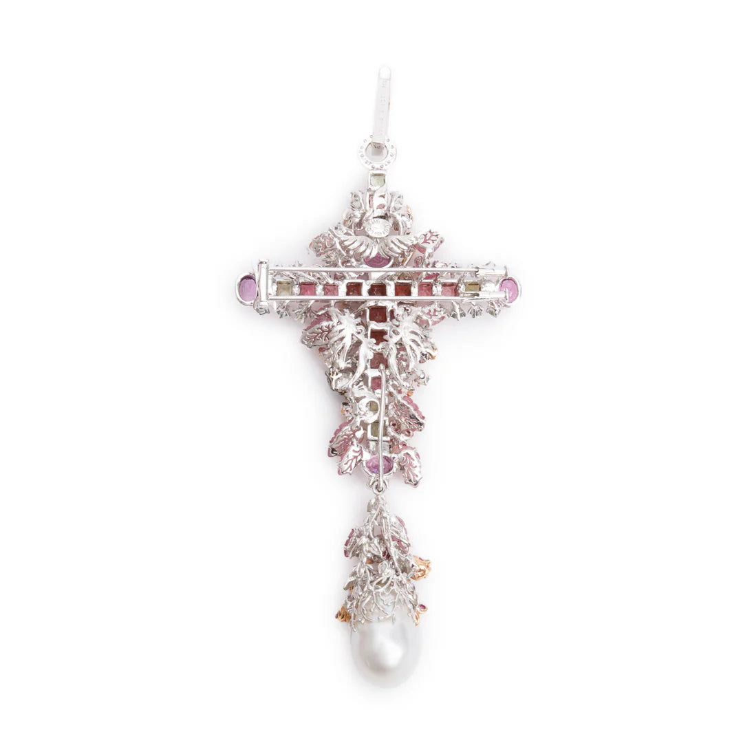 18k White Gold Colored Stone, Diamond &amp; Pearl Large Cross Pendant