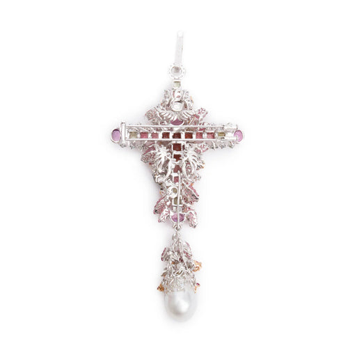 18k White Gold Colored Stone, Diamond &amp; Pearl Large Cross Pendant