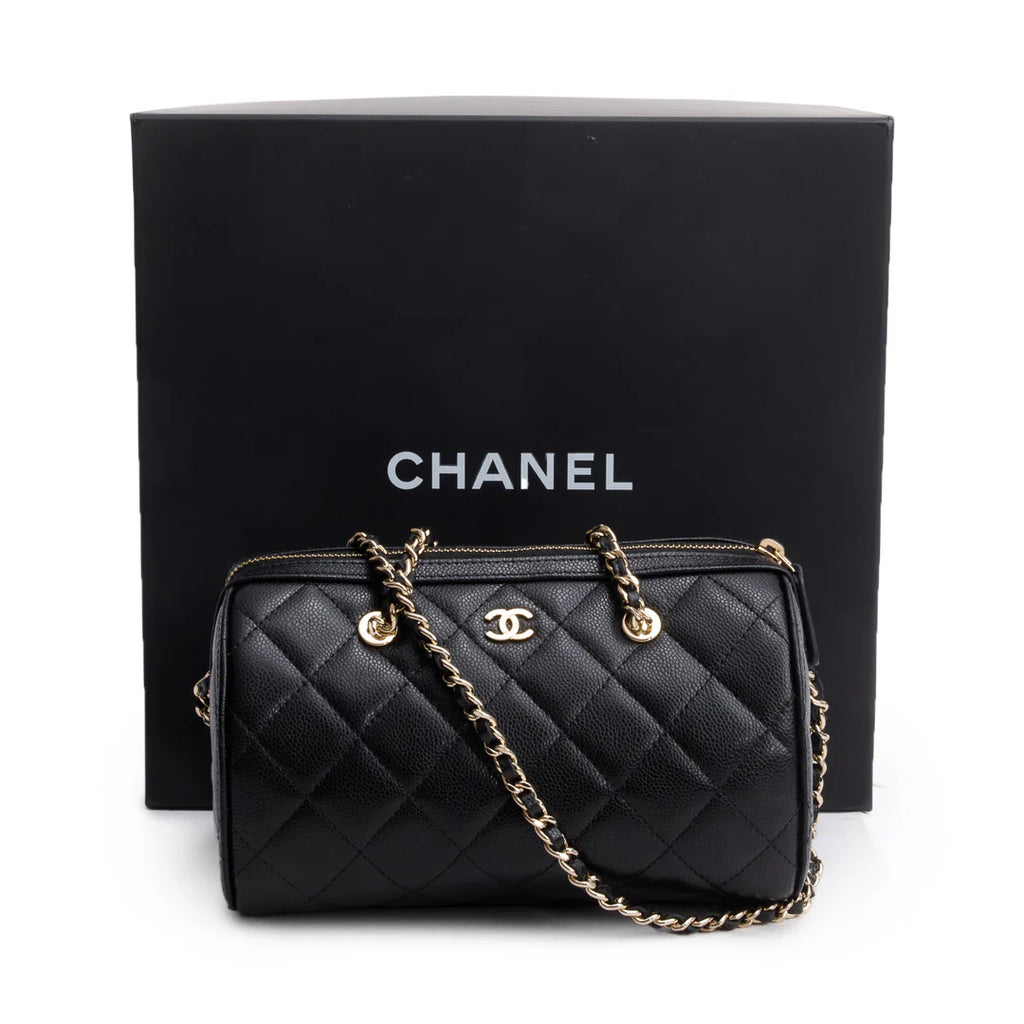 2025 Black Caviar Quilted Leather Mini Bowling Bag w/ Box