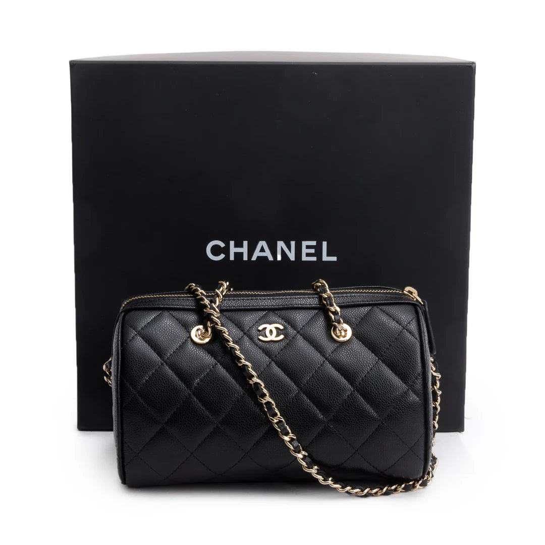 2025 Black Caviar Quilted Leather Mini Bowling Bag w/ Box