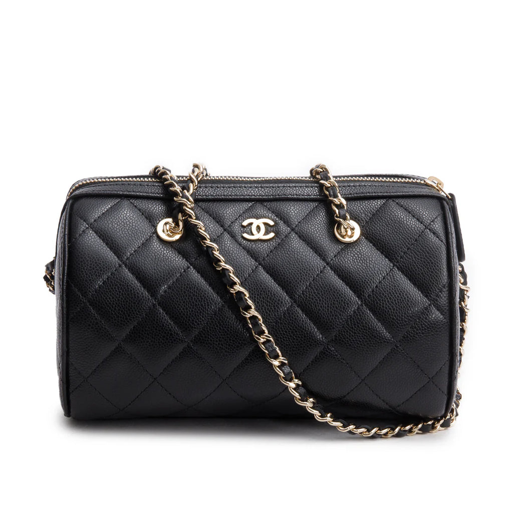 2025 Black Caviar Quilted Leather Mini Bowling Bag w/ Box
