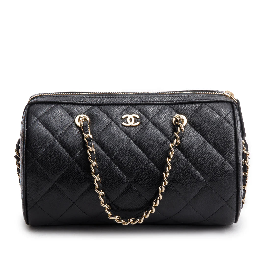 2025 Black Caviar Quilted Leather Mini Bowling Bag w/ Box