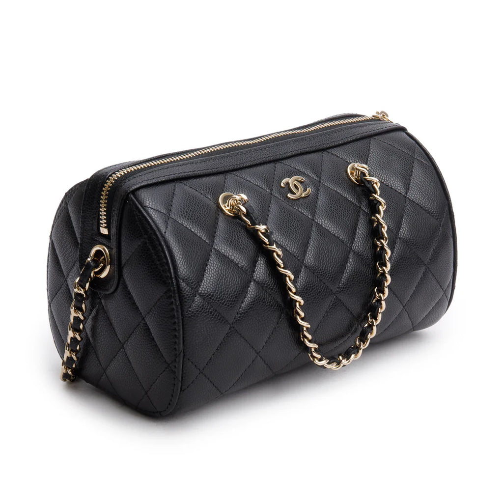 2025 Black Caviar Quilted Leather Mini Bowling Bag w/ Box