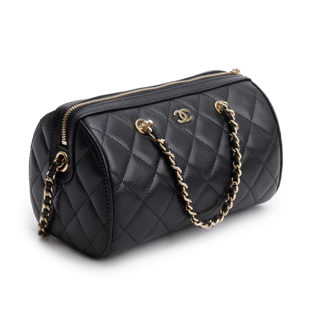 2025 Black Caviar Quilted Leather Mini Bowling Bag w/ Box