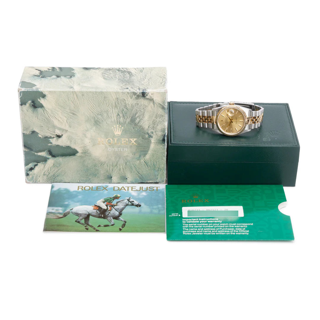 Stainless Steel &amp; 18k Yellow Gold Datejust 36 MM Automatic Watch Gold Dial 16233 w/ Box &amp; Papers