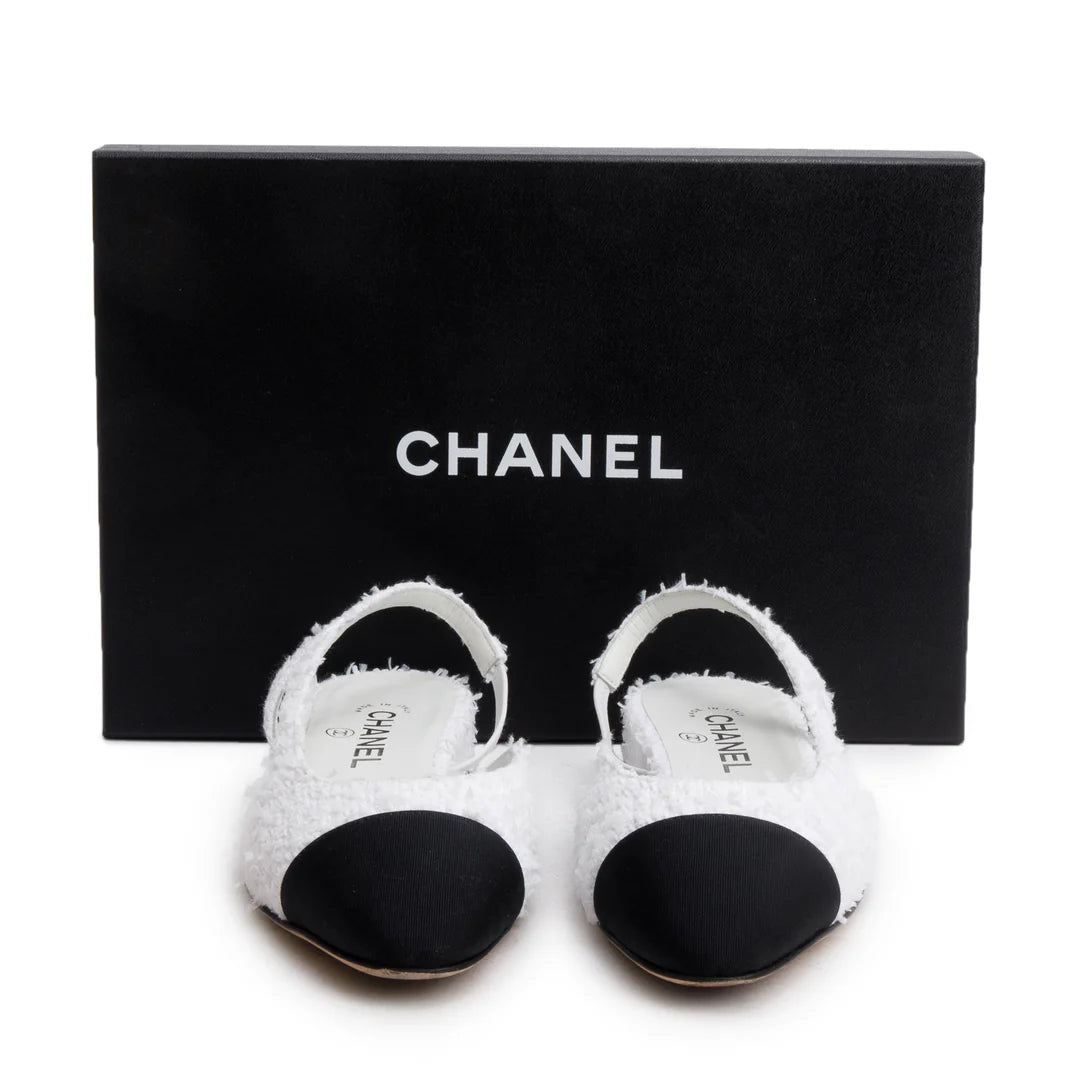 White Tweed Cap Toe CC Slingback Flat, Size 38 w/ Box