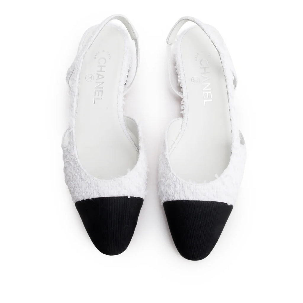 White Tweed Cap Toe CC Slingback Flat, Size 38 w/ Box