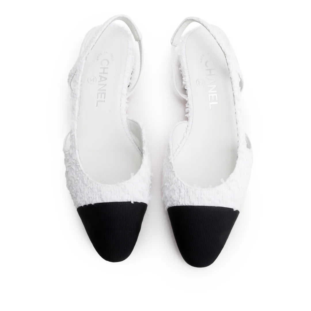 White Tweed Cap Toe CC Slingback Flat, Size 38 w/ Box