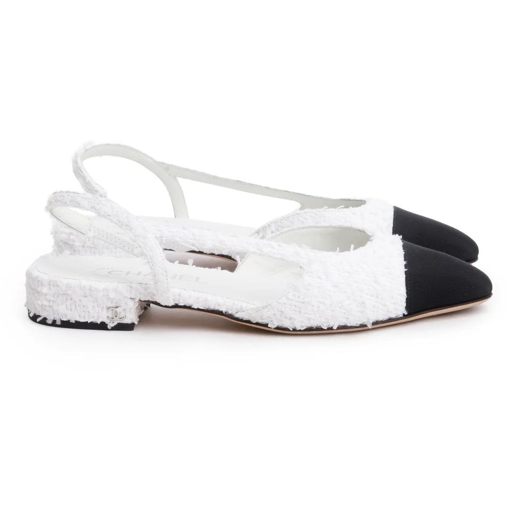 White Tweed Cap Toe CC Slingback Flat, Size 38 w/ Box