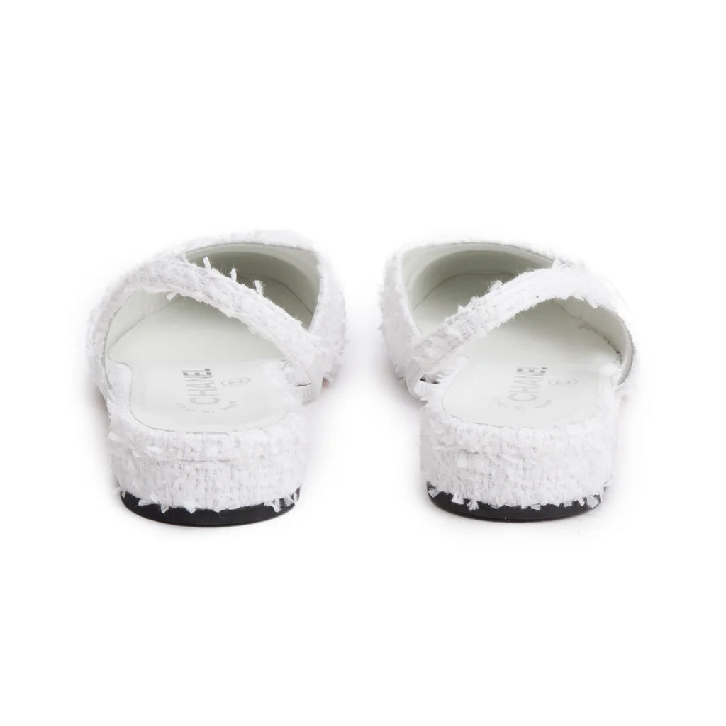 White Tweed Cap Toe CC Slingback Flat, Size 38 w/ Box