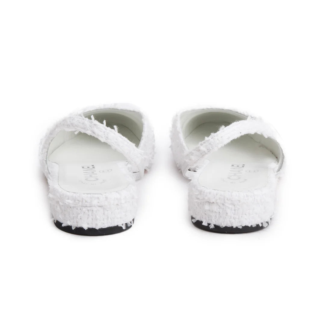 White Tweed Cap Toe CC Slingback Flat, Size 38 w/ Box