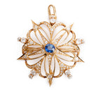 Antique 18k Yellow Gold Sapphire &amp; Diamond Flower Pendant Brooch
