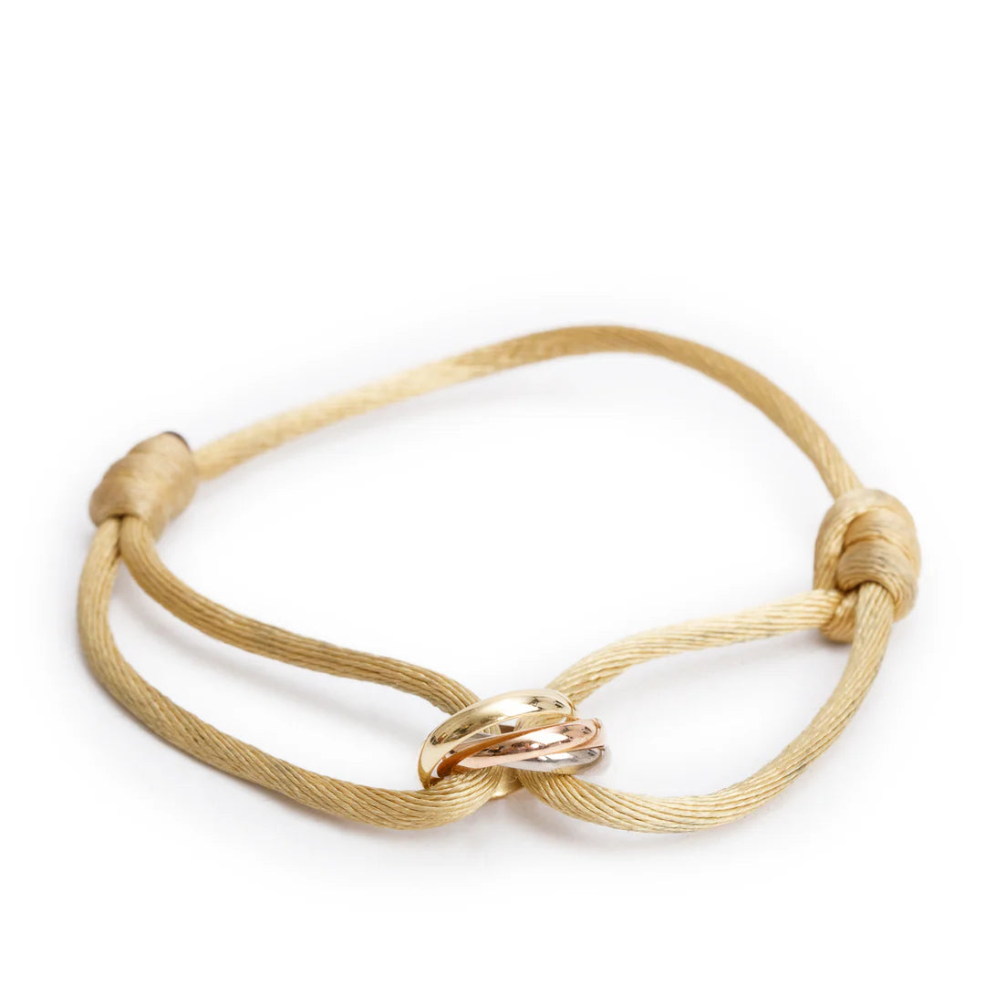 2021 18k White, Yellow &amp; Rose Gold Trinity Beige Cord Bracelet w/ Certificate