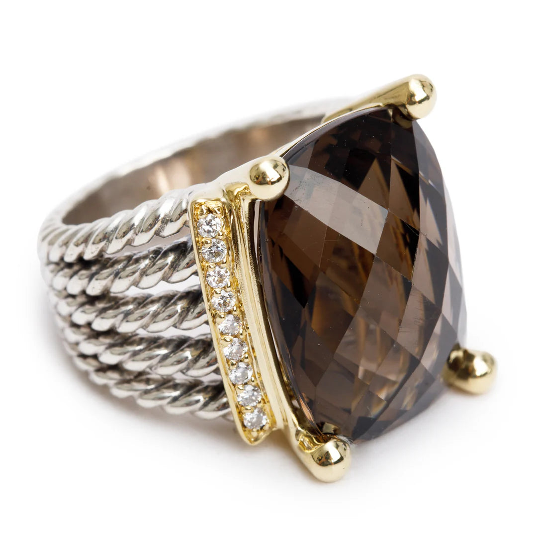 Sterling Silver and 18k Yellow Gold Smokey Quartz &amp; Diamond Wheaton Ring, Size 7