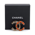 Gold Plated Strass &amp; Woven Leather CC Brooch w/ Box