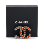 Gold Plated Strass &amp; Woven Leather CC Brooch w/ Box